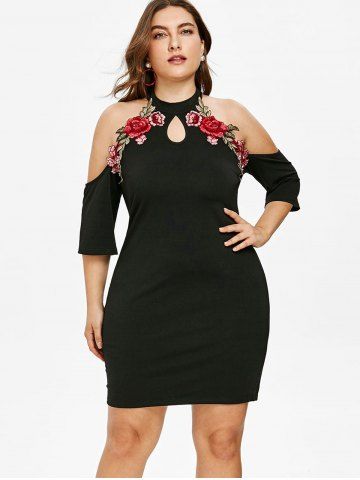 Plus Size Floral Applique Cold Shoulder Dress