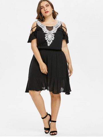 

Plus Size Ruffle Cold Shoulder Knee Length Dress, Black
