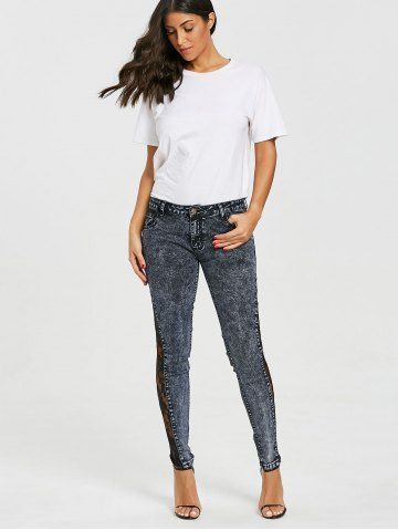 

See Through Lace Panel Jeans, Smokey gray