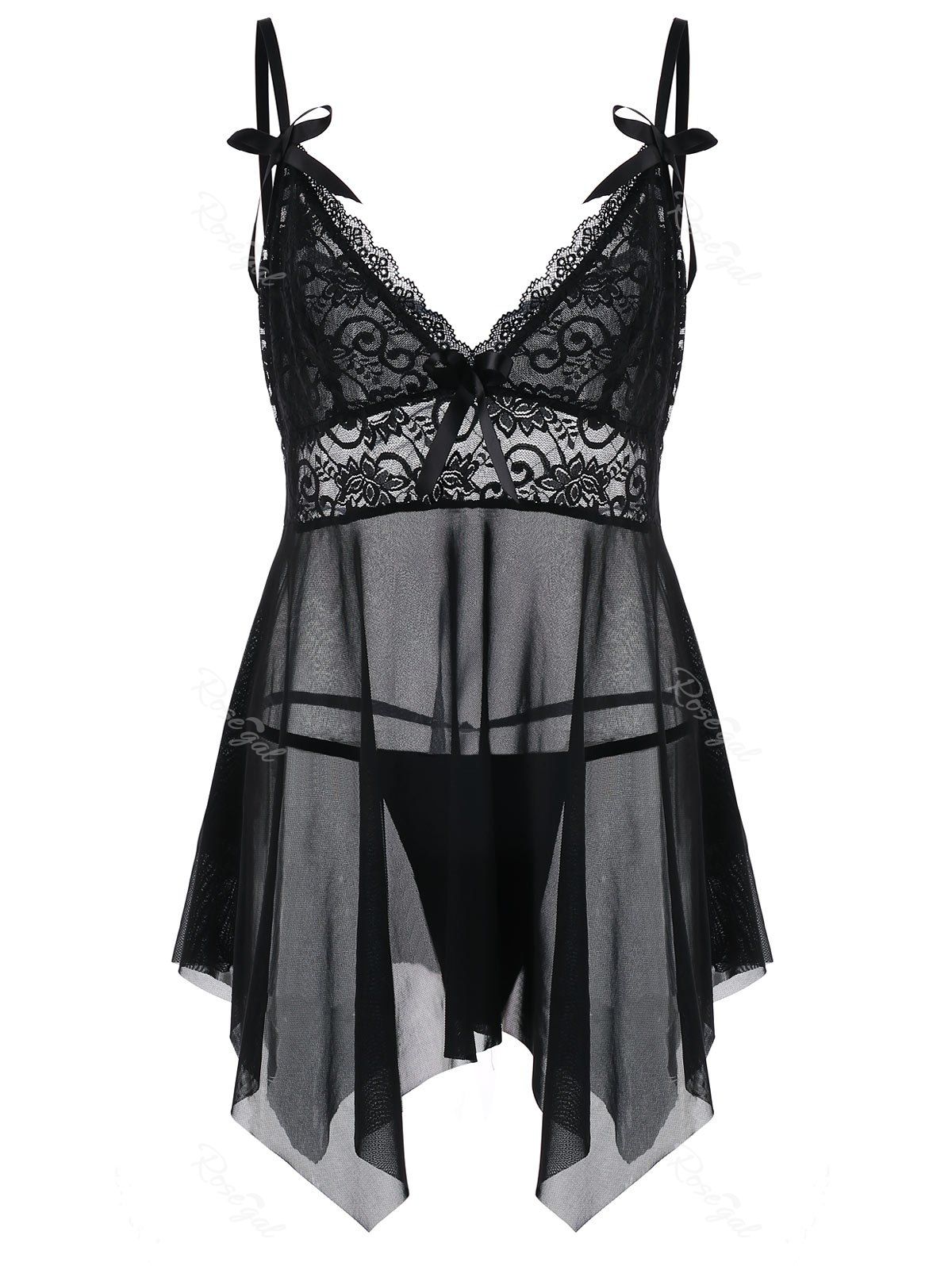 

Plus Size Sheer Lace Trim Handkerchief Babydoll Set, Black