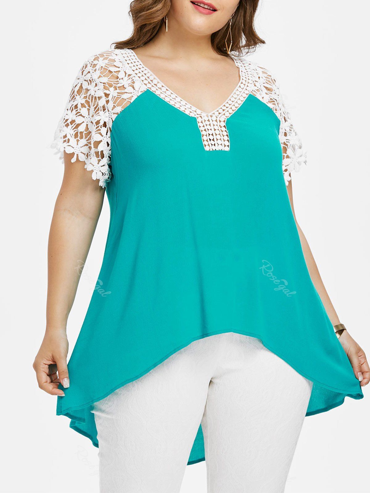 

Plus Size Cutwork Lace Trim V Neck T-shirt, Medium turquoise