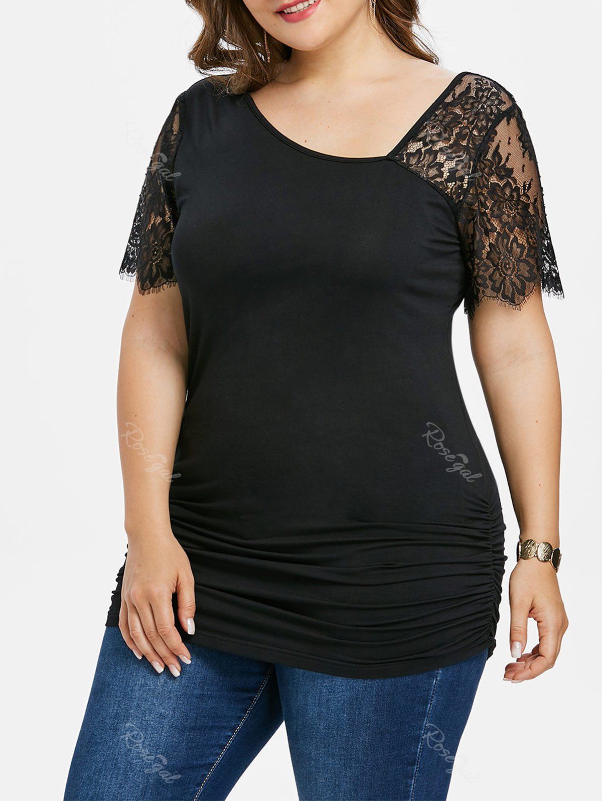 

Plus Size Lace Trim Skew Collar T-shirt, Black