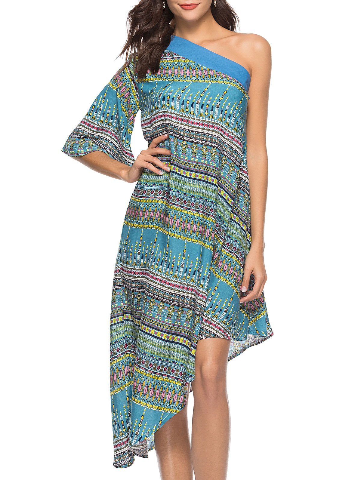

One Shoulder Print Dress, Multi-a