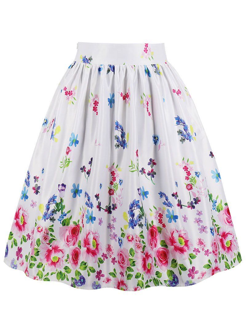 

High Waisted Floral Midi Skirt, White