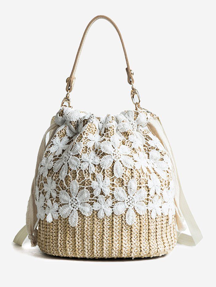 

Straw Lace Detail Vacation Hand Bag, Light khaki