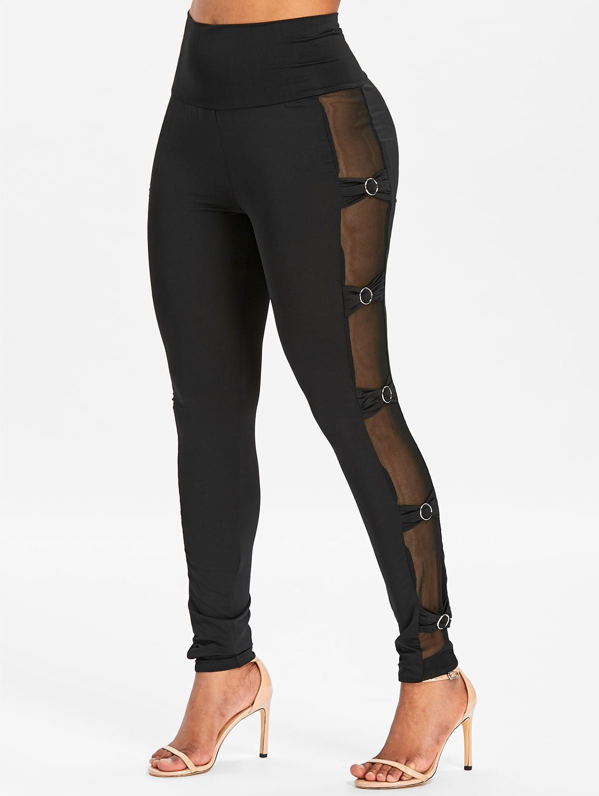 

O Rings Sheer Mesh Panel Pants, Black