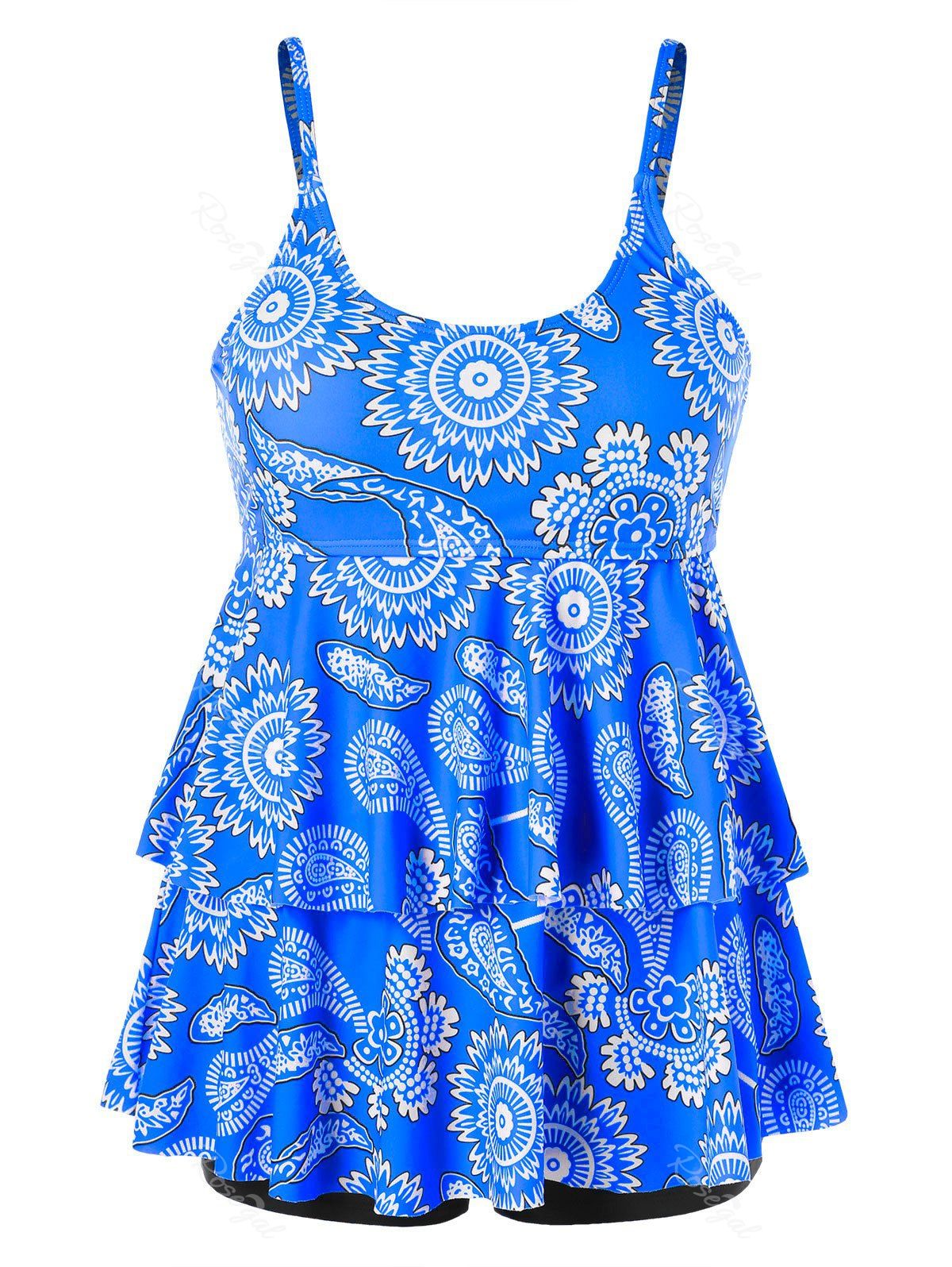 

Tier Flounce Printed Plus Size Tankini, Royal blue