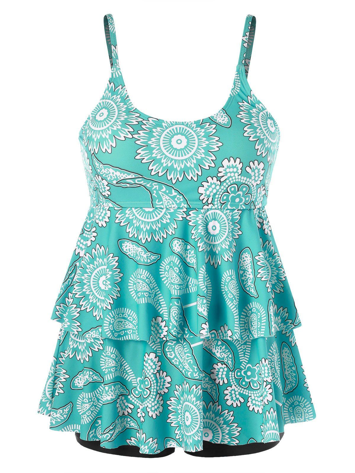 

Tier Flounce Printed Plus Size Tankini, Blue lagoon