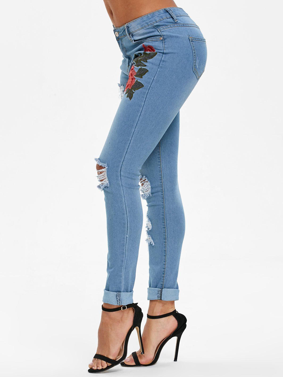 

Flower Embroidered Skinny Ripped Jeans, Jeans blue