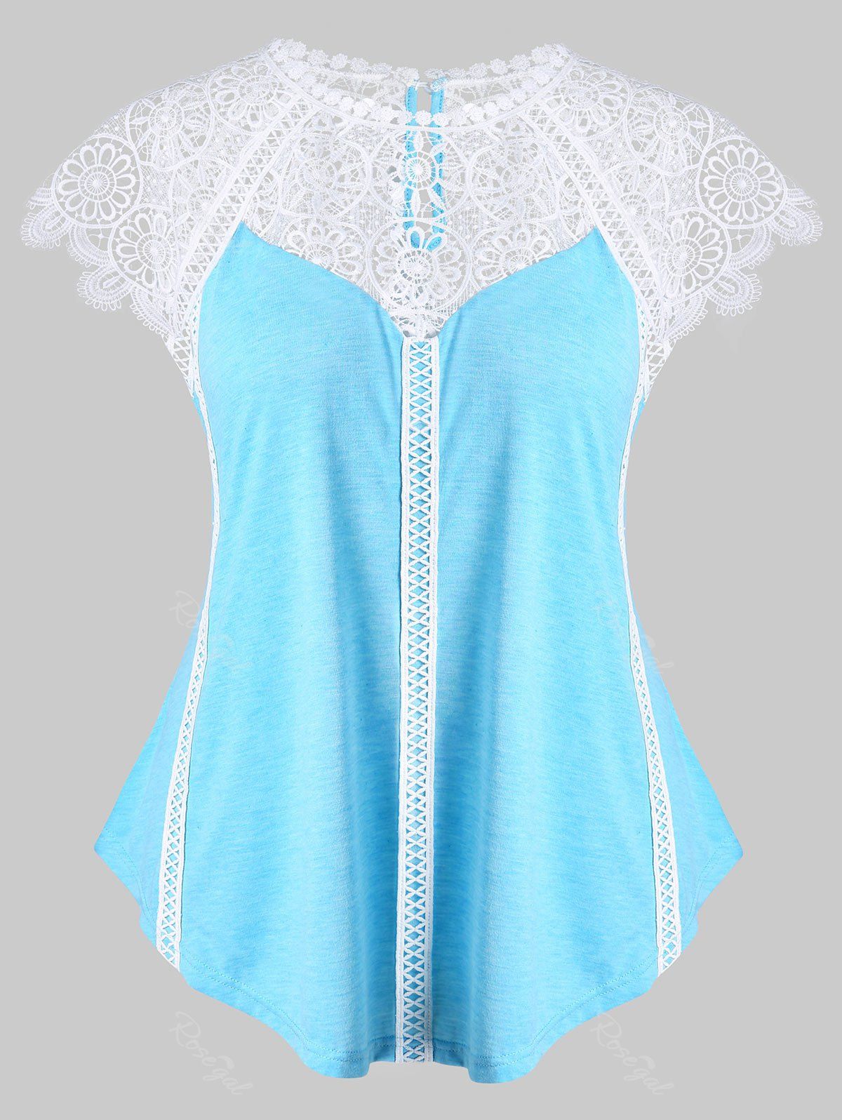 

Plus Size Lace Panel Cap Sleeve T-shirt, Light sky blue