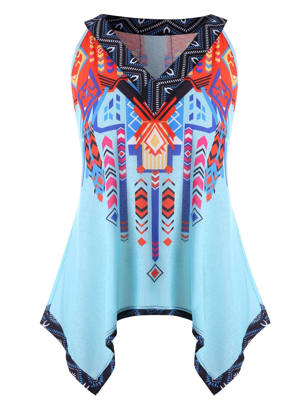 

Plus Size Tribal Print Crescent Hem Tank Top, Light blue