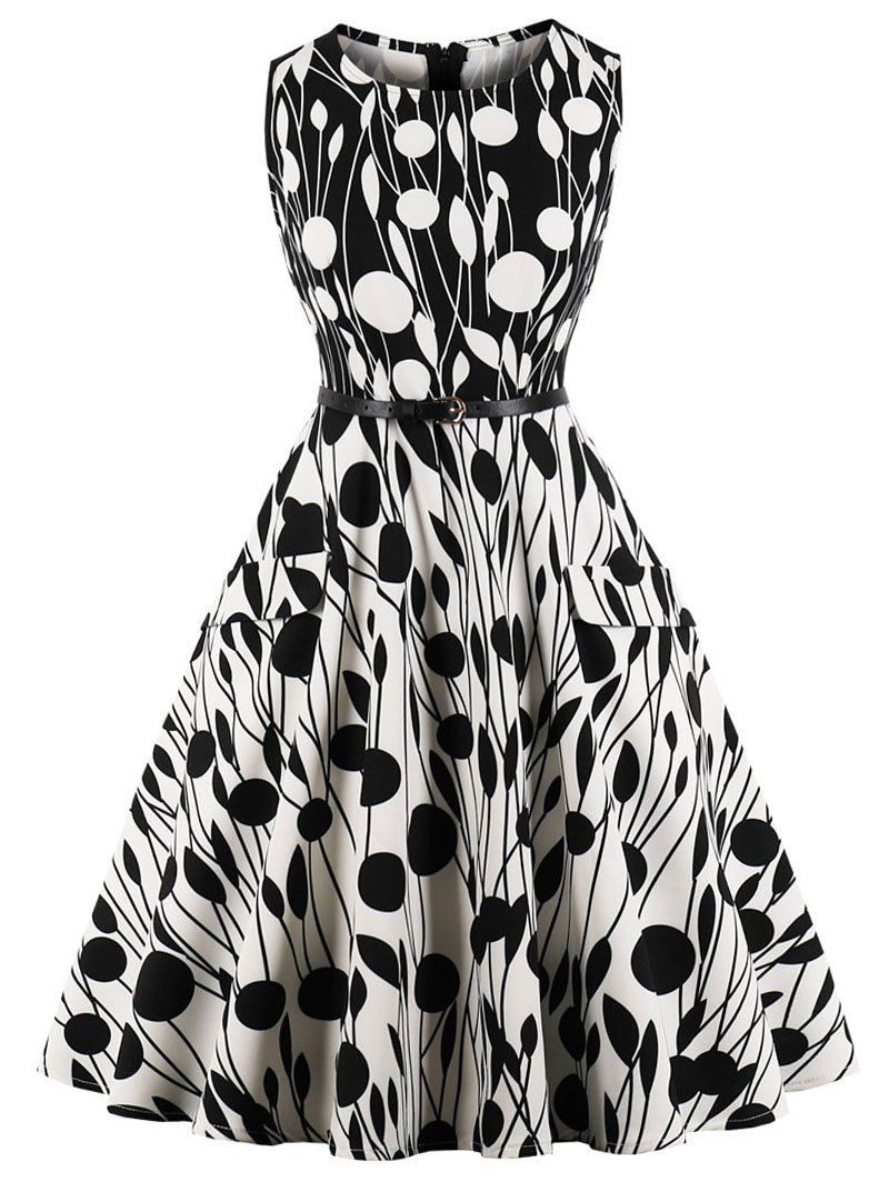 

Retro Printed Swing Dress, Black