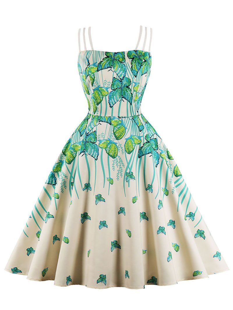 

Vintage Spaghetti Strap Butterfly Print Flare Dress, Multi