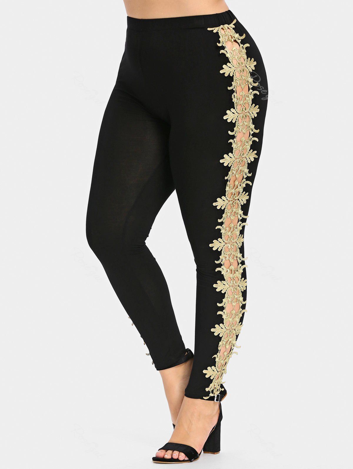 

Plus Size Cutwork Lace Sides Leggings, Black