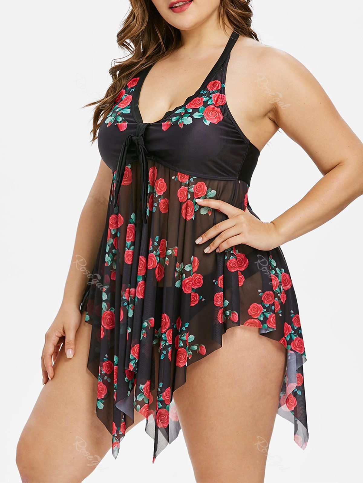 

Plus Size Rose Print Handkerchief Tankini Set, Black
