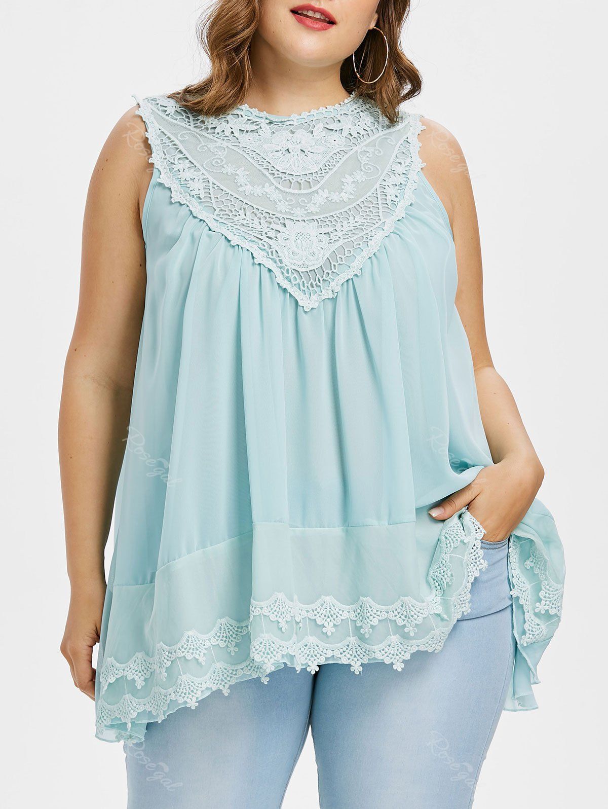 

Plus Size Chiffon Lace Sleeveless Top, Pale blue lily