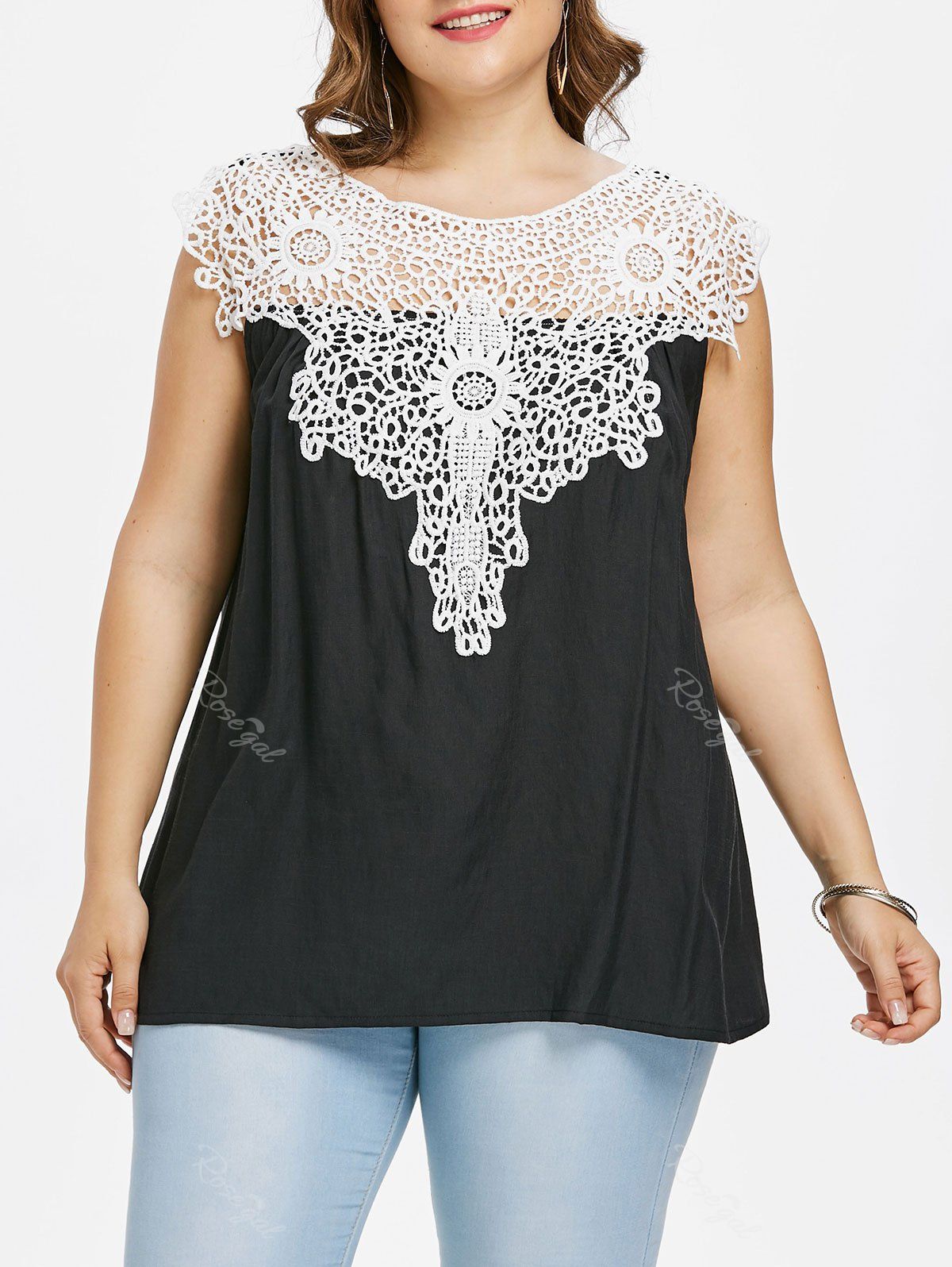 

Plus Size Lace Yoke Color Block Tank Top, Black