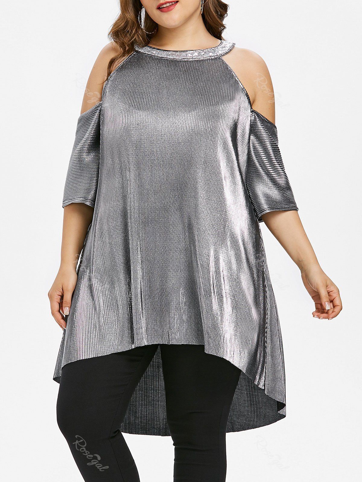 

Plus Size Glitter Cold Shoulder High Low Top, Silver