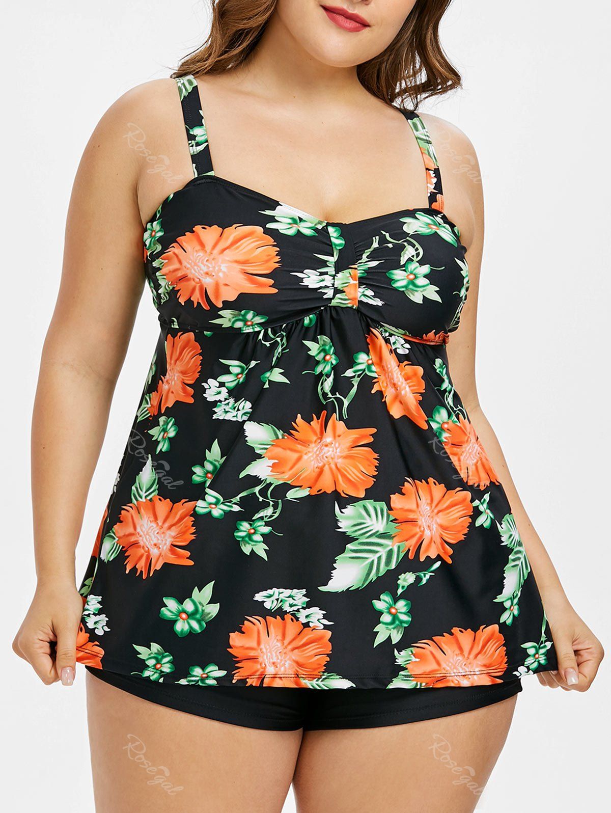 

Plus Size Floral Empire Waist Tankini Set, Black