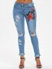 Flower Embroidered Skinny Ripped Jeans -  
