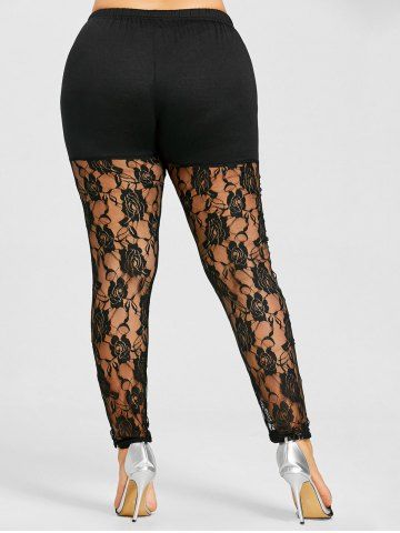 

Plus Size Sheer Lace Insert Leggings, Black