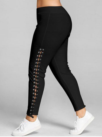 [26% OFF] Plus Size Lace Trim Cutout Tie Cuff Leggings | Rosegal