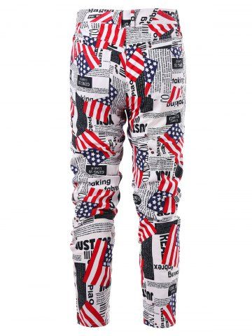 

Zip Fly American Flag Newspaper Print Pants, Colormix