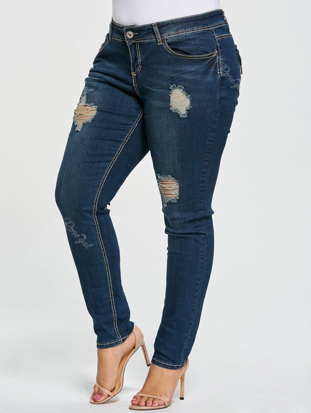 2018 Plus Size Ripped Tight Jeans In Denim Blue 4xl | Rosegal.com