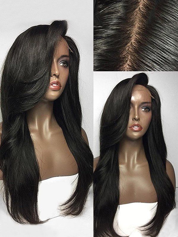 

Long Side Parting Straight Human Hair Lace Front Wig, Natural black