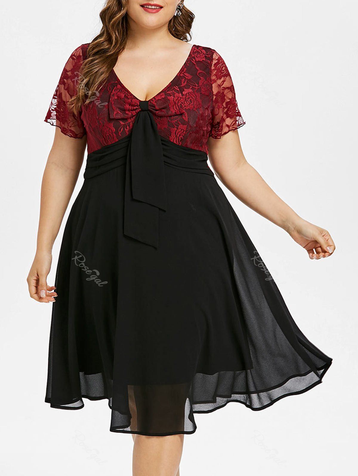 

Plus Size Lace Trim Two Tone Flare Dress, Black