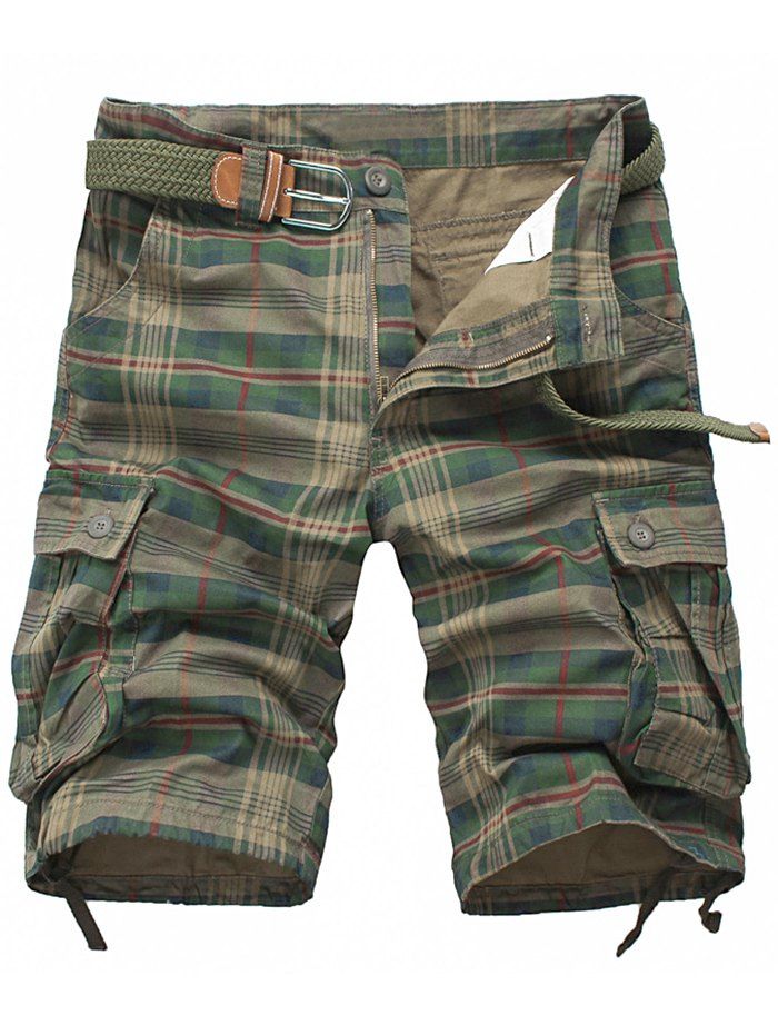 

Plaid Print Flap Pockets Design Cargo Shorts, Camouflage green