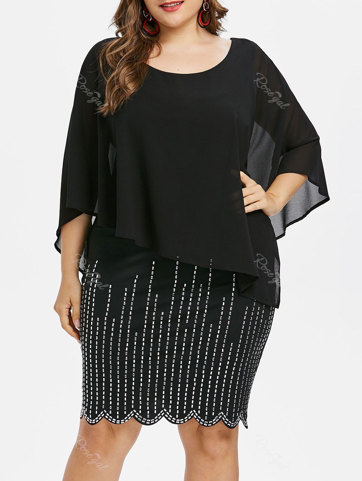 

Plus Size Glittery Scalloped Capelet Dress, Black