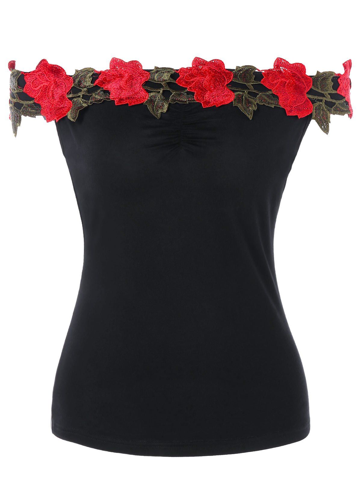 

Off The Shoulder Flower Lace Insert T-shirt, Black