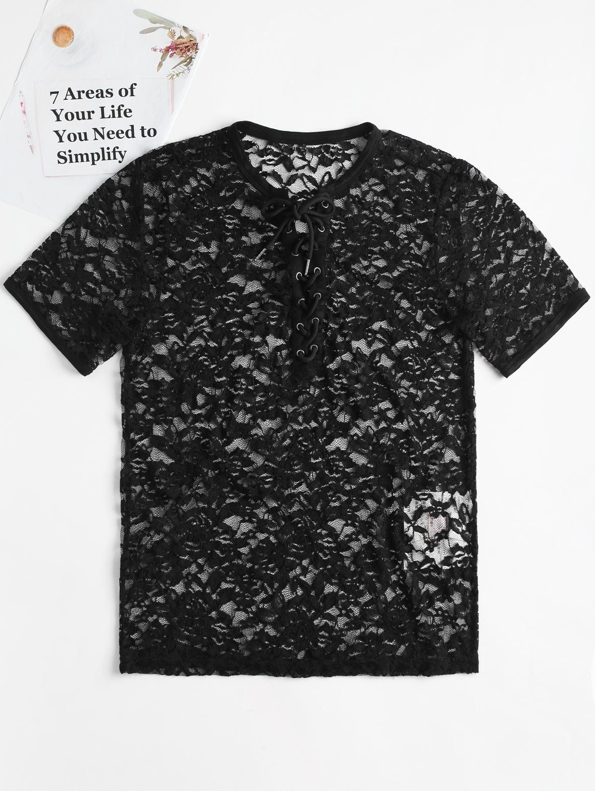 

Crew Neck Flower Lace T-shirt, Black