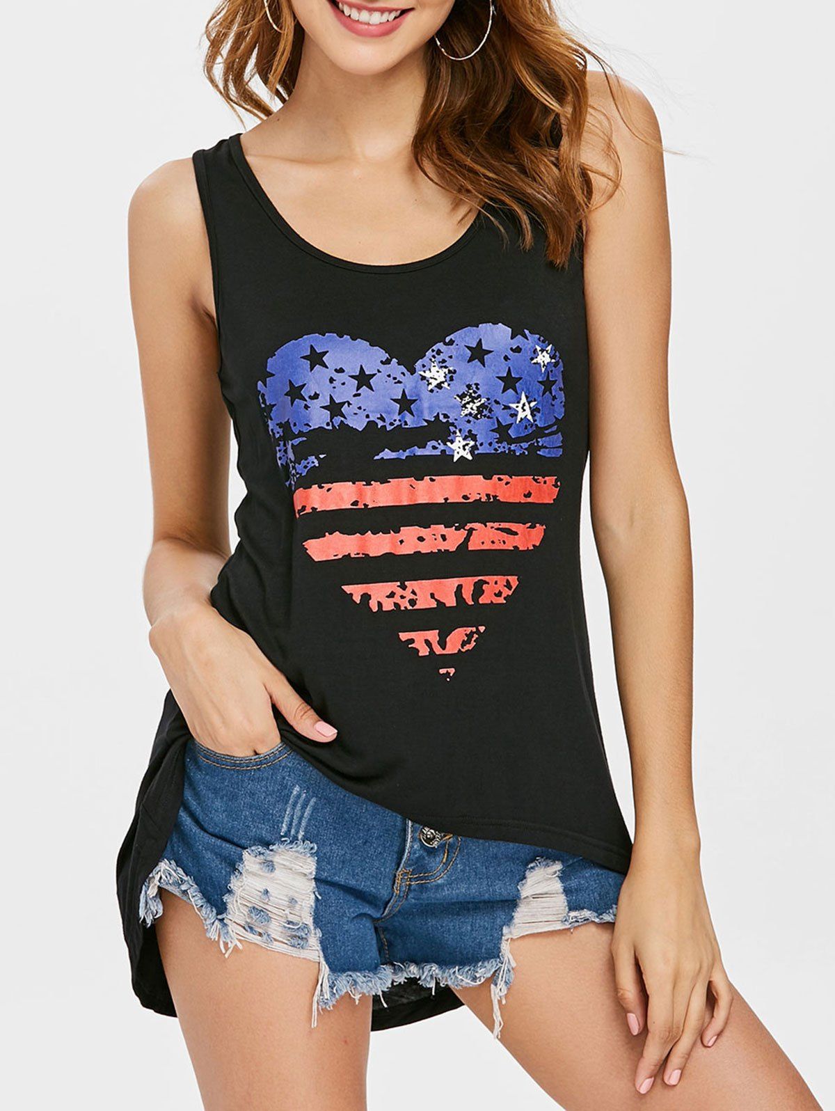 

Heart Shape American Flag Tank Top, Black