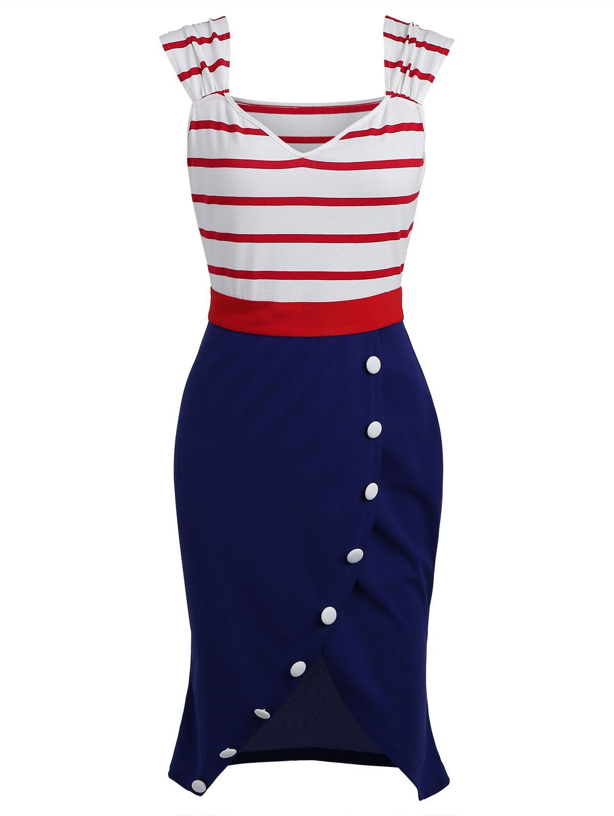 

V Neck Striped Panel Bodycon Dress, Blue