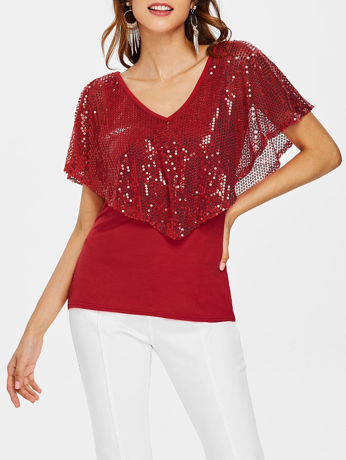 

Sequin Plunging Neck T-shirt, Red