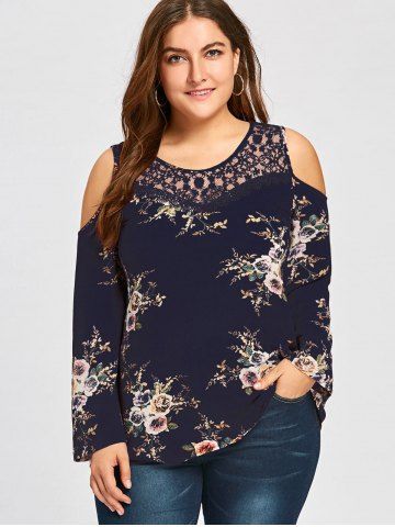 

Plus Size Floral Lace Panel Cold Shoulde Blouse, Cadetblue