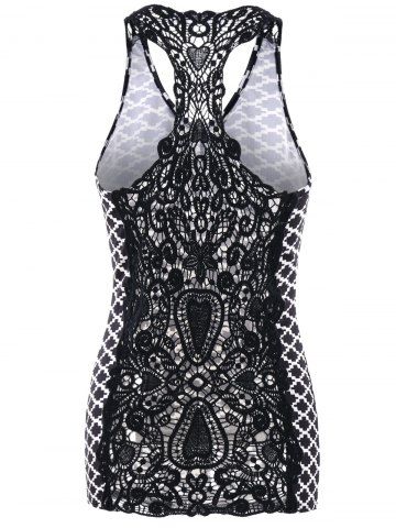 

Geometric Print Ruched Lace Panel Tank Top, Black