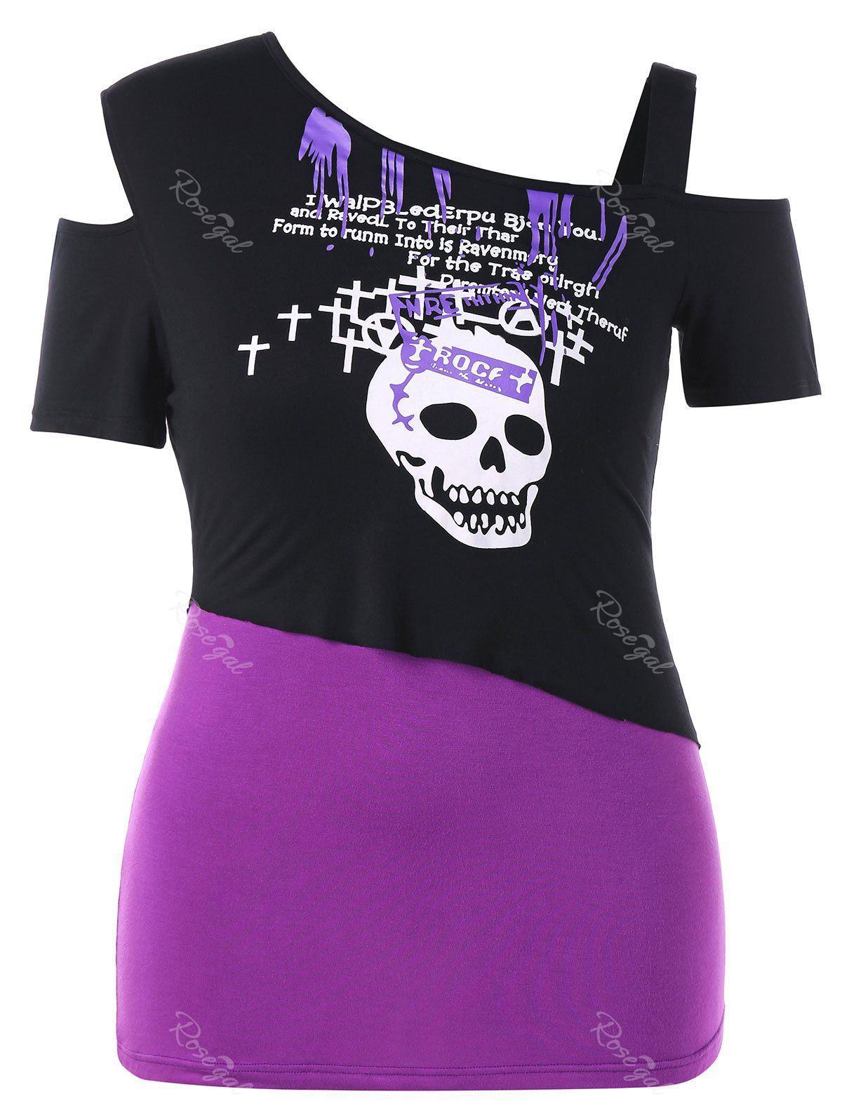 

Plus Size Skew Collar Skull T-shirt, Purple amethyst