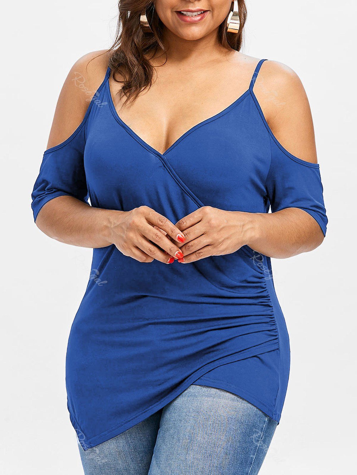 

Plus Size Cold Shoulder Asymmetric T-shirt, Blue