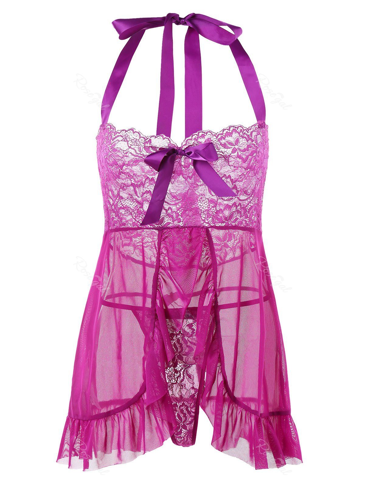 

Plus Size Flounced Overlap Halter Chemise, Rose red