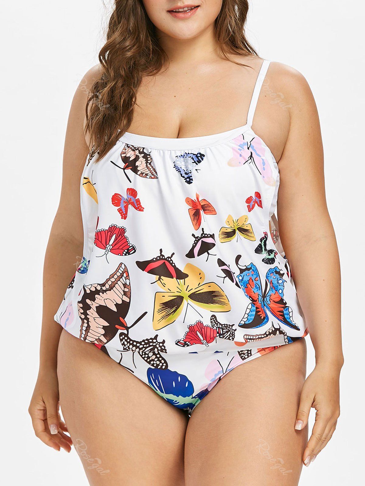 

Plus Size Butterfly Print Blouson Tankini Set, White