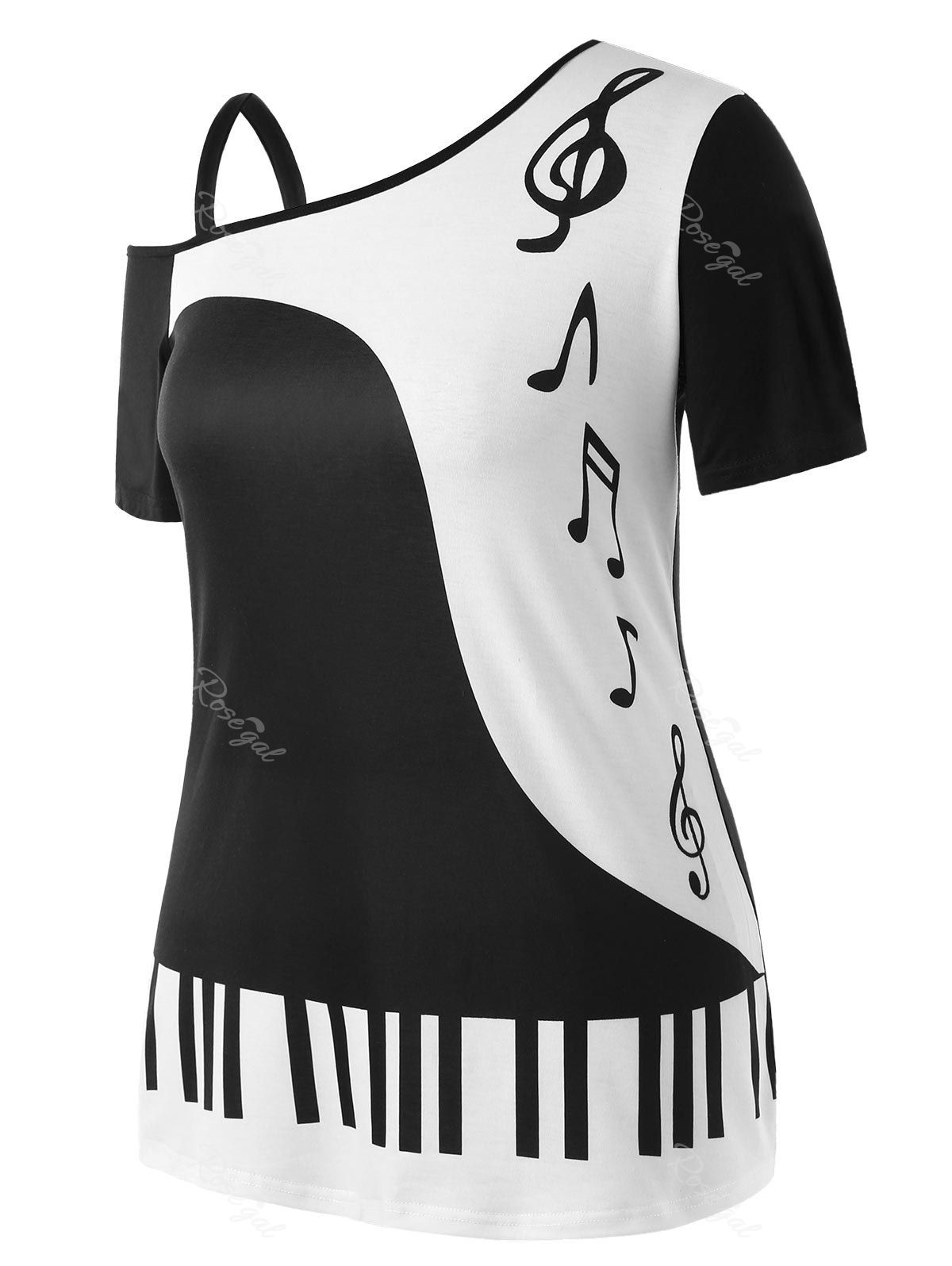 

Plus Size Music Notes Skew Collar T-shirt, Black