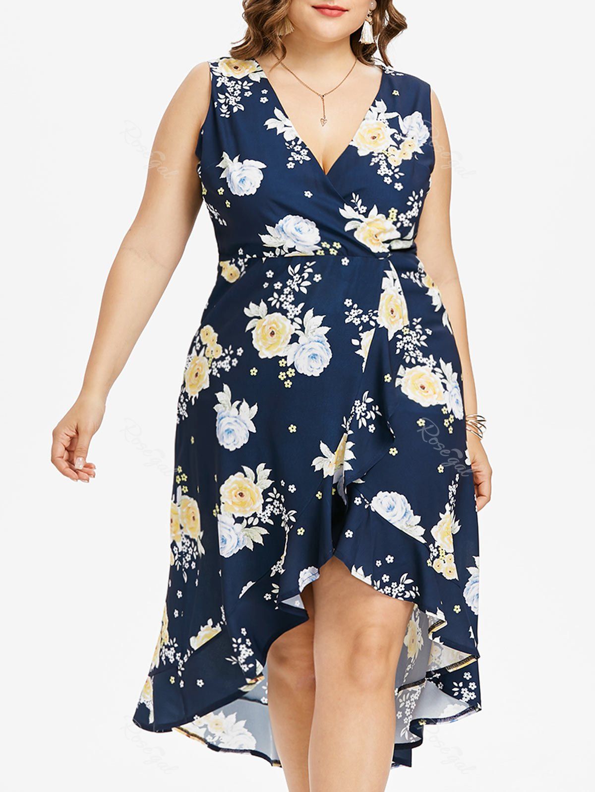 

Plus Size Sleeveless High Low Floral Dress, Deep blue