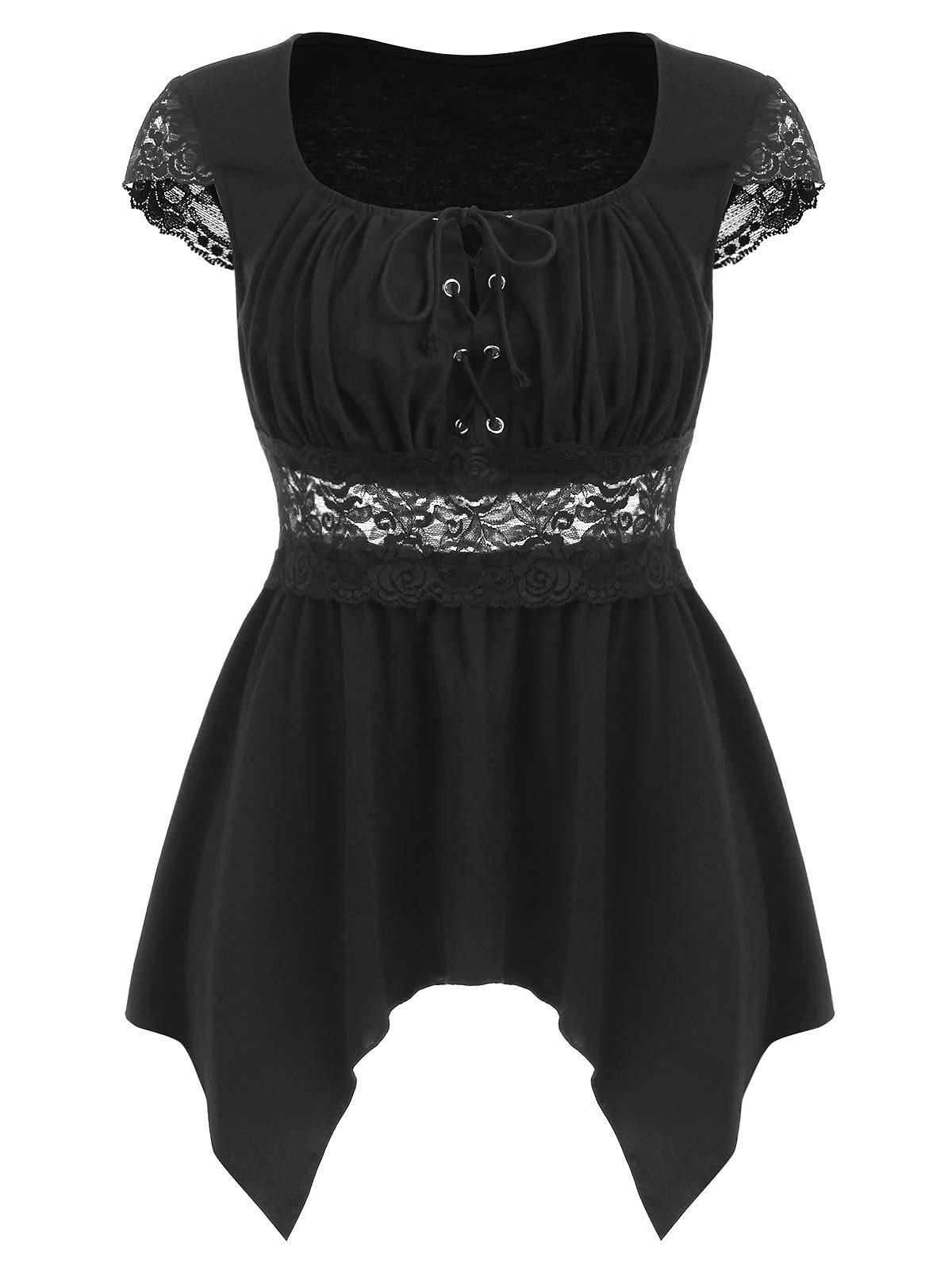 

Lace Panel Lace Up Asymmetrical Top, Black