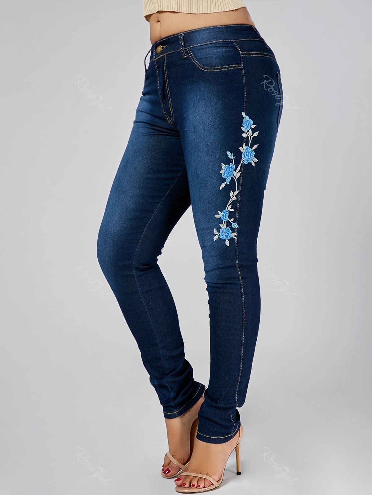 Latest High Waist Plus Size Flower Embroidered Skinny Jeans  