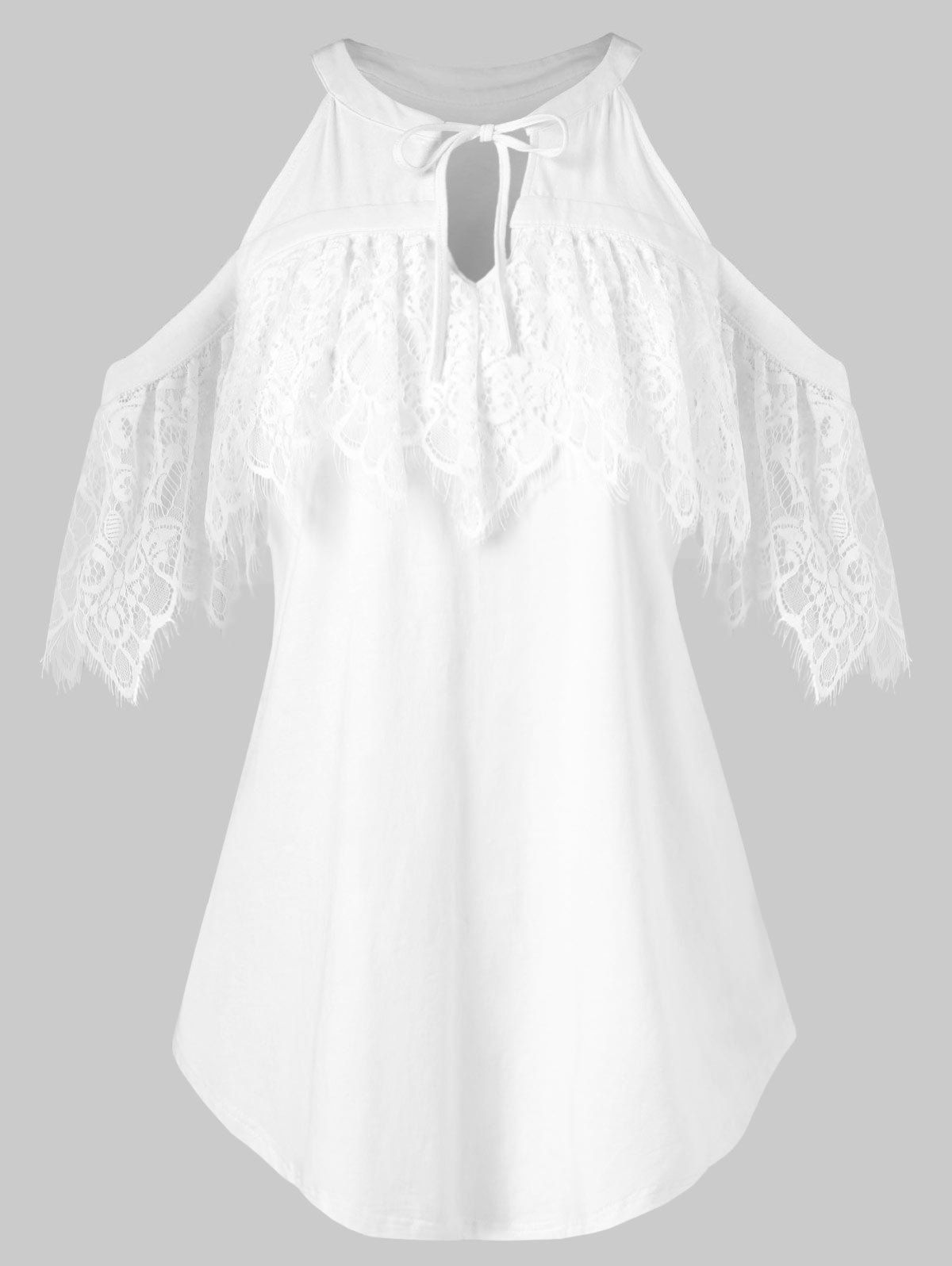 

Lace Ruffled Cut Out Cold Shoulder Blouse, White