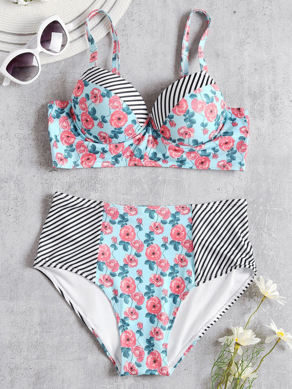 

High Waist Floral Stripe Bikini, Multi