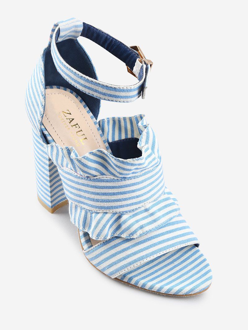 

Striped Ruffless High Heel Ankle Strap Sandals, Sea blue